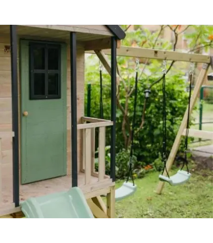 Rotaļu mājiņa + divvietīgas šūpoles + kāpšanas modulis Gym (rozā vai pasteļzaļš)