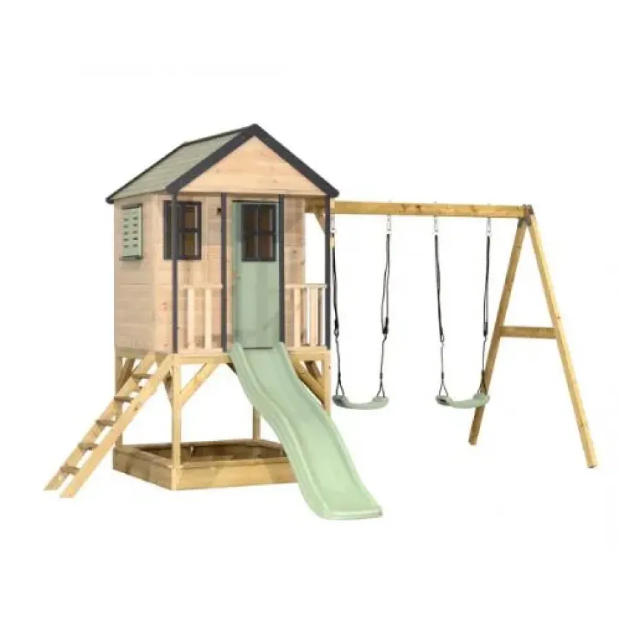 Bērnu rotaļu laukumiņš ar namiņu, platformu, slidkalniņu un šūpolēm