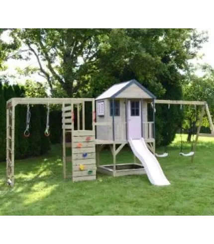 Rotaļu mājiņa + divvietīgas šūpoles + kāpšanas modulis Gym (rozā vai pasteļzaļš)