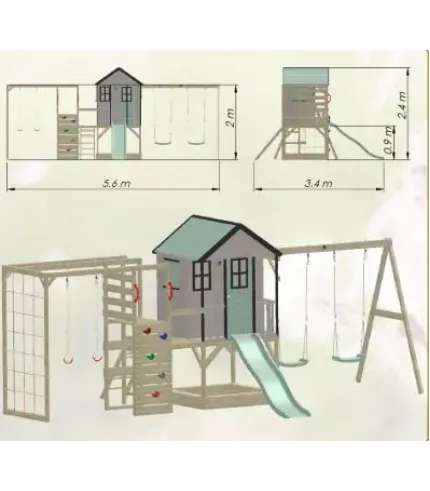 Rotaļu mājiņa + divvietīgas šūpoles + kāpšanas modulis Gym (rozā vai pasteļzaļš)