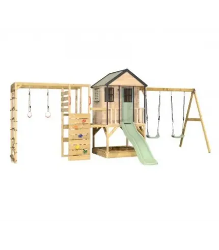 Rotaļu mājiņa + divvietīgas šūpoles + kāpšanas modulis Gym (rozā vai pasteļzaļš)