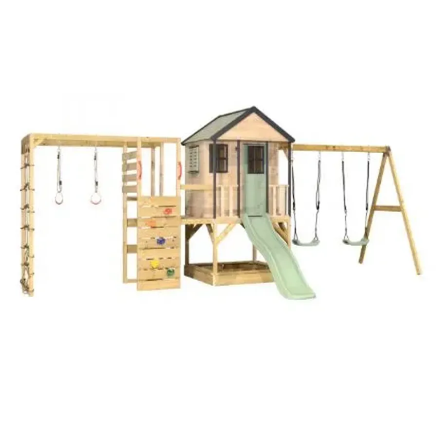 Rotaļu mājiņa + divvietīgas šūpoles + kāpšanas modulis Gym (rozā vai pasteļzaļš)