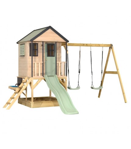 Rotaļu mājiņa Cottage Adventure House ar šūpolēm, slidkalniņu un smilšukasti.