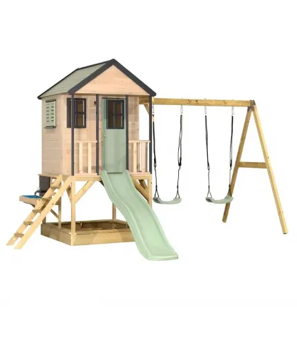 Rotaļu mājiņa Cottage Adventure House ar šūpolēm, slidkalniņu un smilšukasti.
