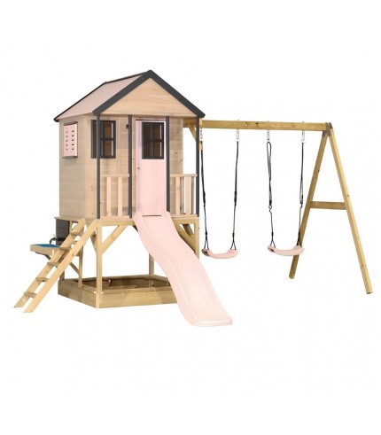 Rotaļu mājiņa Cottage Adventure House ar šūpolēm, slidkalniņu un smilšukasti.