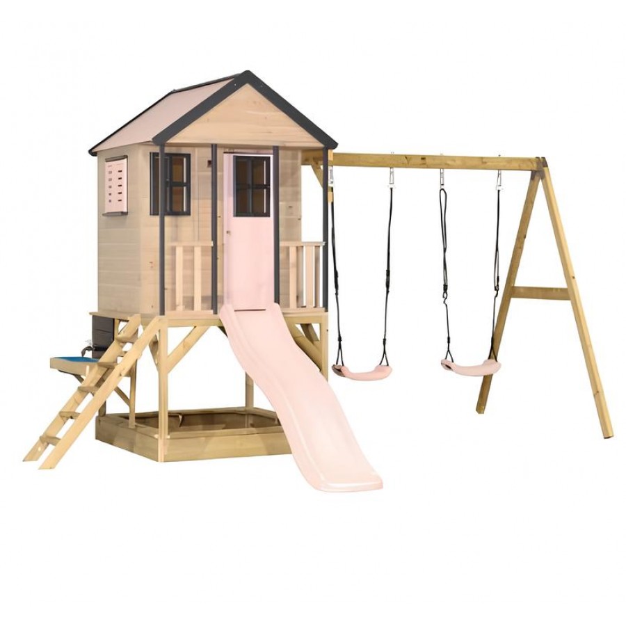 Rotaļu mājiņa Cottage Adventure House ar šūpolēm, slidkalniņu un smilšukasti.