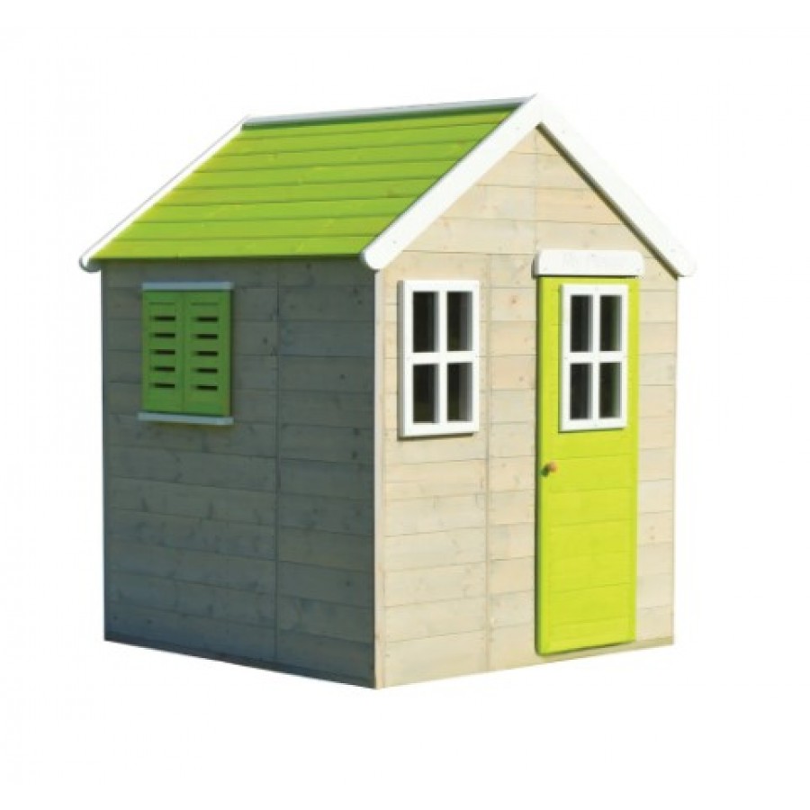 Koka rotaļu mājiņa ar zaļu jumtiņu.