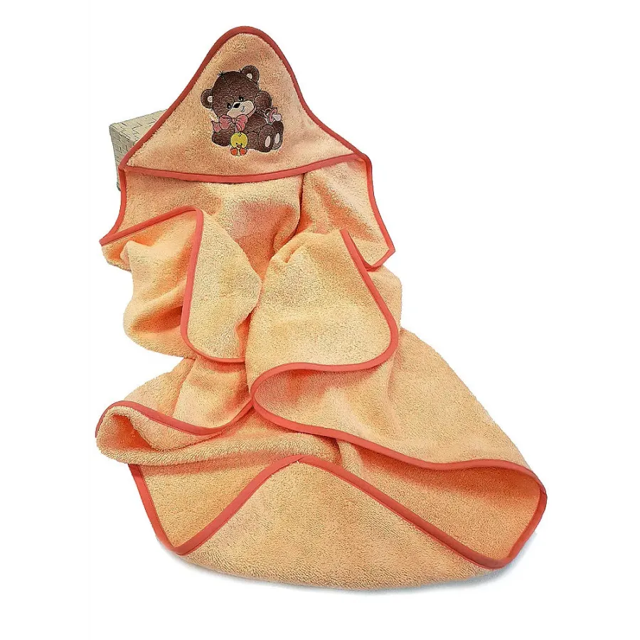 Bērnu dvielis ar kapuci oranžā krāsā ar lācēnu